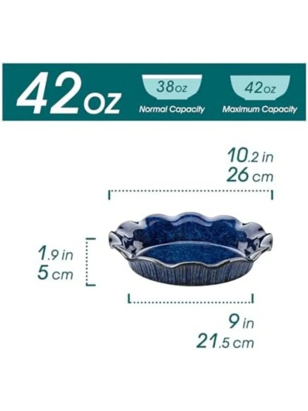 9-Inch Deep Ceramic Pie Pan for Baking - Fluted Edge, Blue Reactive Glaze Dish